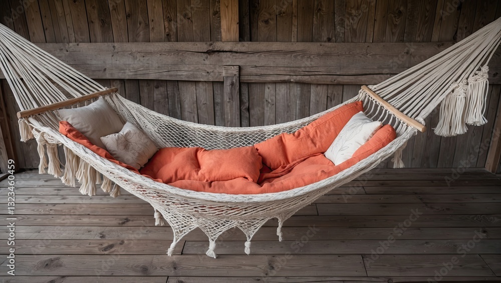 Poster cozy white hammock with orange cushions resting on a wooden floor against rustic brown wooden walls 