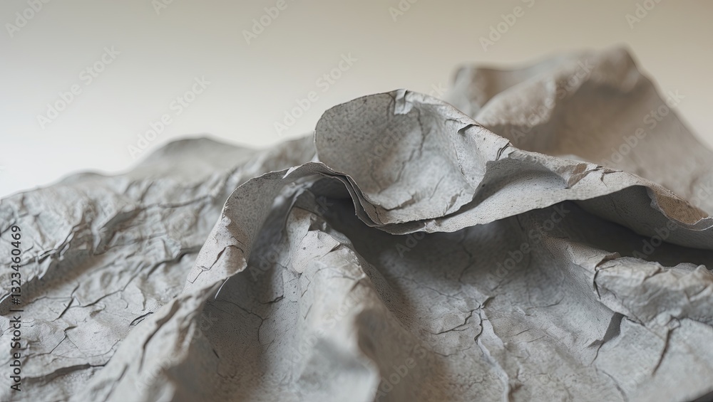 Poster textured grey recycled paper with crumpled folds creating depth, featuring ample copy space for text
