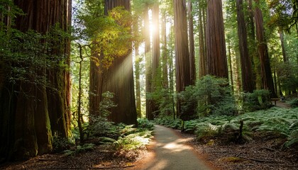 Obraz premium sunlight on the path in the redwood forest light through the redwood