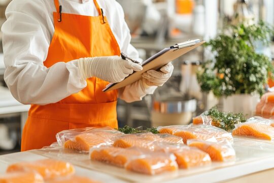 Factory Worker Inspects Vacuum-Sealed Fish Fillets in Clean Industrial Setting for Quality Control