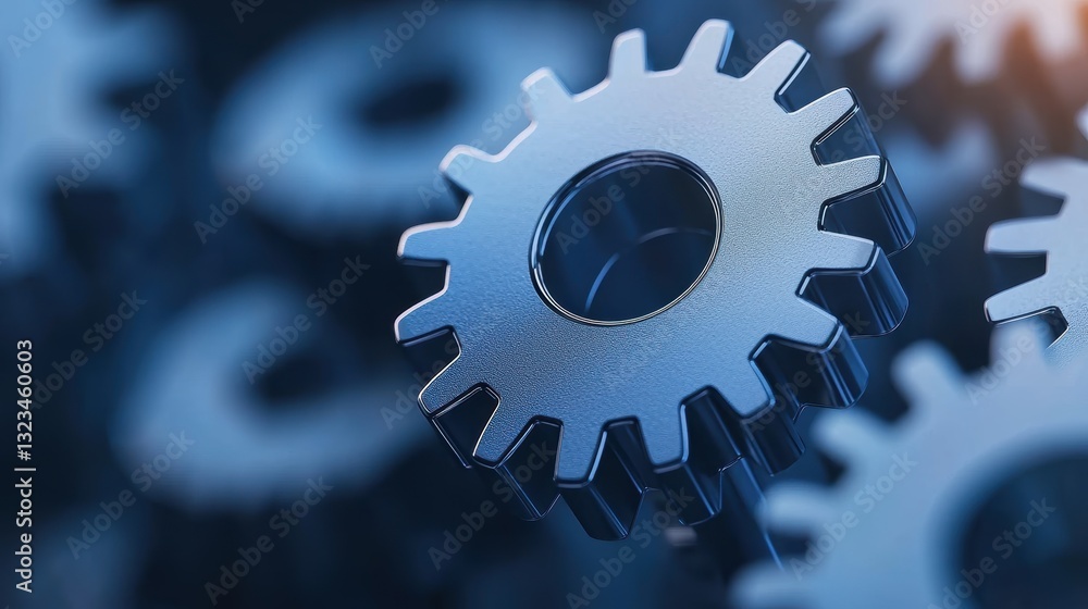 Poster a close-up view of metallic gears, symbolizing machinery and engineering, with a focus on intricate 