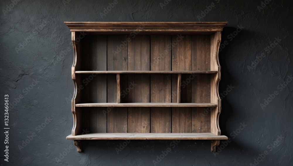 Poster rustic wooden shelf with an empty space against a textured dark wall background featuring warm brown