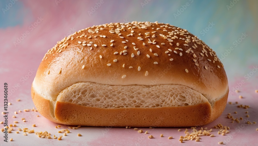 Poster golden light wheat bread loaf topped with sesame seeds displayed against a soft pastel background wi