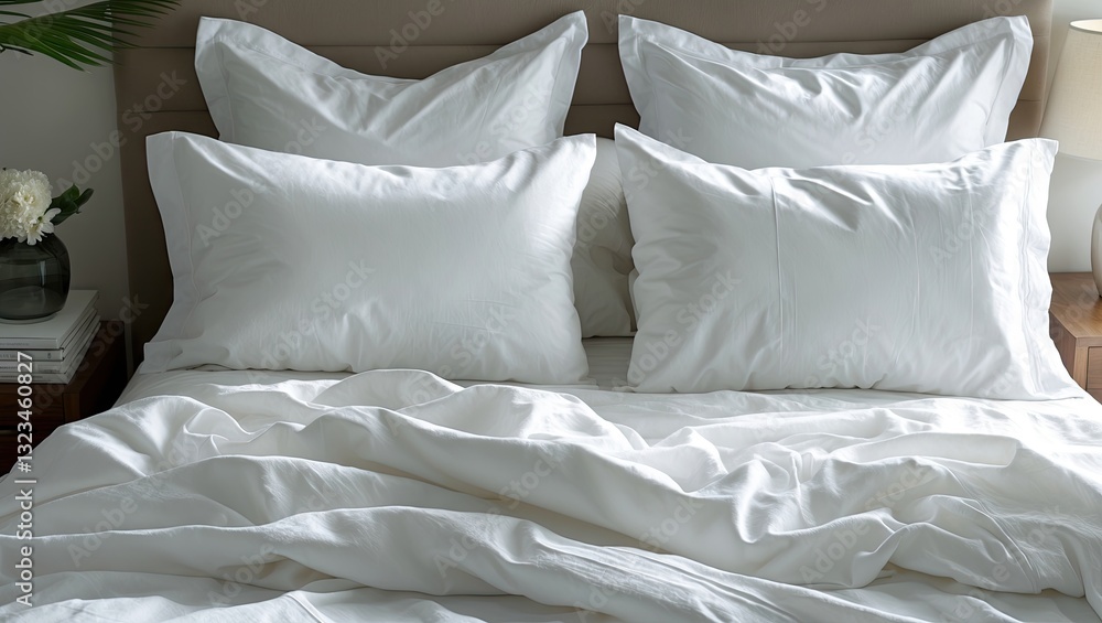 Poster elegant white bedding with neatly arranged fluffy pillows on a cozy bed showcasing soft fabric textu