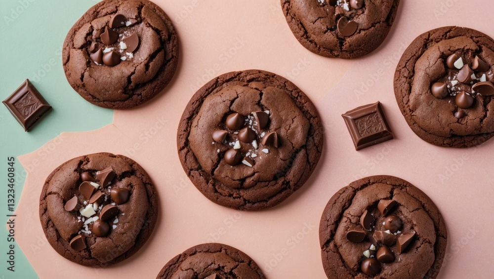 Poster chocolate cookies arranged on a soft pastel pink and green background with scattered chocolate squar