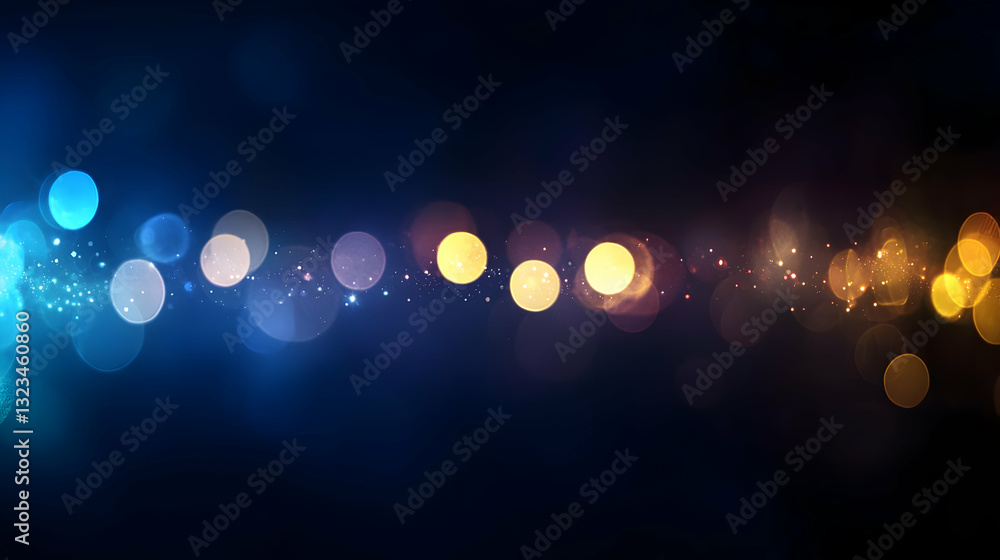 Poster abstract bokeh background with blue and gold lights and dark backdrop horizontal format