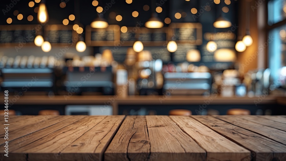 Poster Wooden tabletop in the foreground with soft bokeh lights in warm tones against a blurred coffee shop background featuring light fixtures and equipment.
