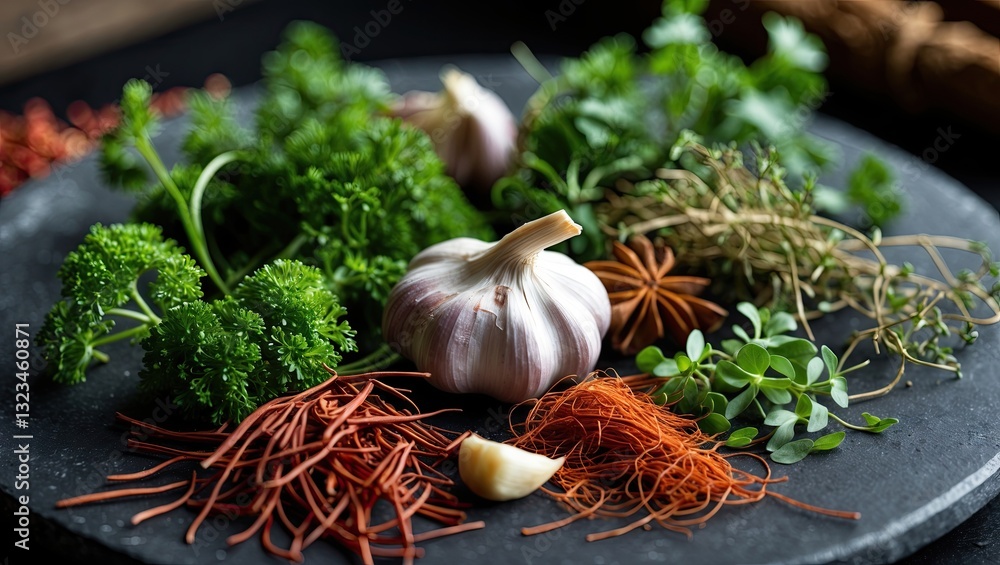 Poster fresh green herbs and vibrant spices arranged artistically on a textured black stone plate with ampl