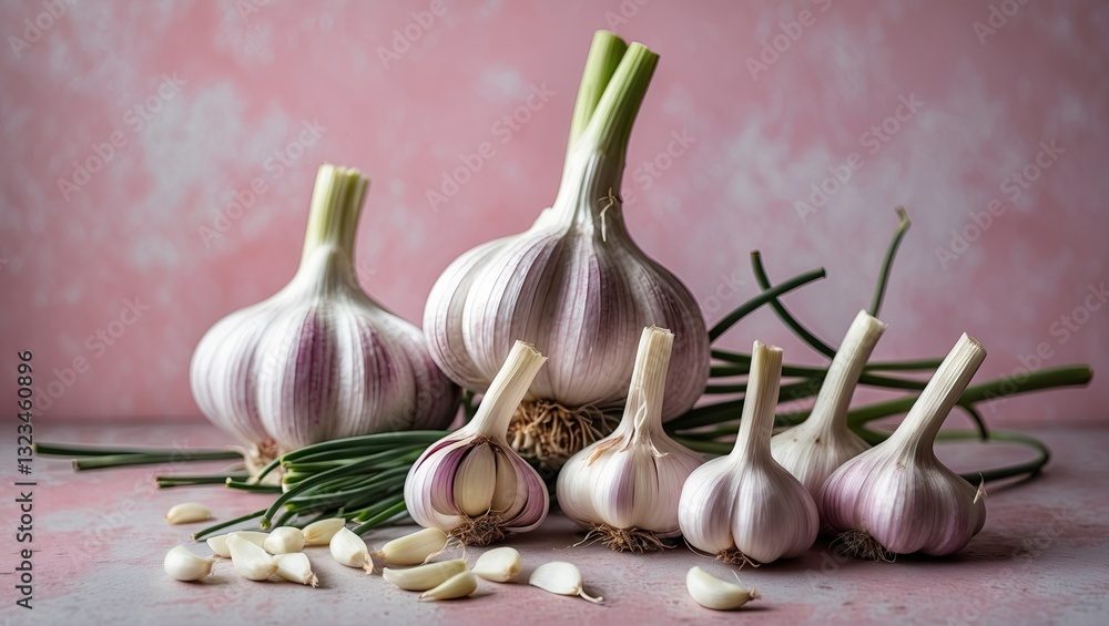 Poster garlic bulbs and cloves arranged on a soft pink pastel background with green shoots creating a natur