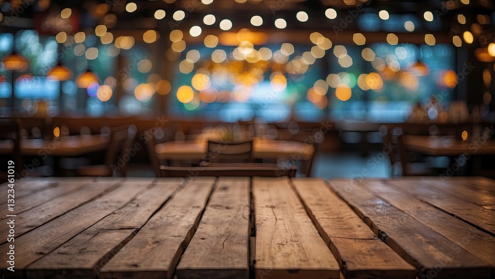 Poster wooden tabletop in the foreground with warm bokeh lights and blurred restaurant ambiance in the back