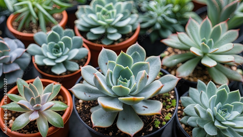 Poster assorted green succulents in terracotta pots arranged on a black surface showcasing different shapes