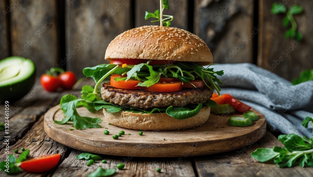 Poster vegan rye burger stacked with fresh tomatoes, arugula, and cucumber on a rustic wooden table with a 