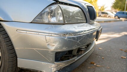 A close-up of a damaged silver car with scratches and dents on the front bumper, parked in a sunny outdoor setting.