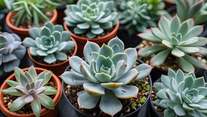 Fototapeta premium Assorted green succulents in terracotta pots arranged on a black surface showcasing different shapes and textures in a vibrant indoor garden setting.