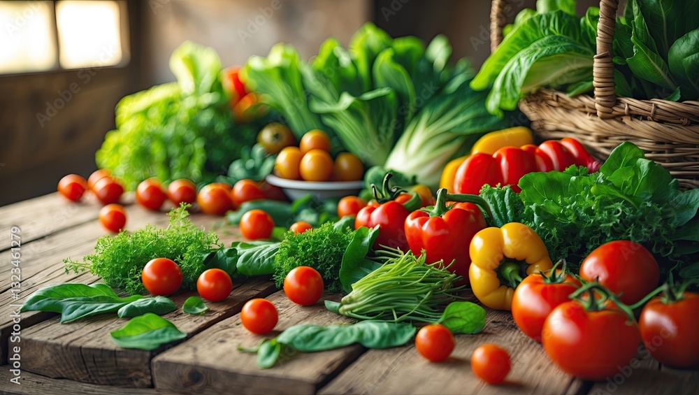Poster vibrant assortment of fresh organic vegetables on rustic wooden table with green leafy background an