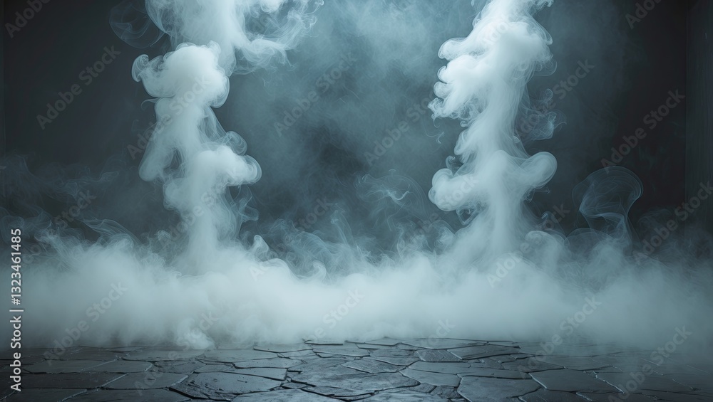 Poster Mysterious dark stone floor with swirling fog on both sides creating an ethereal atmosphere illuminated by a soft, moody light from above.