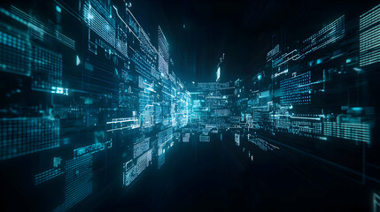 Abstract digital blue tunnel perspective with futuristic data network grid glowing lines and architectural structure