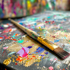 Fototapeta premium A close-up of a single paintbrush resting on a messy, colorful palette filled with paint splatters and brush strokes.