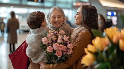 A family welcoming their relatives at the airport with hugs and flowers