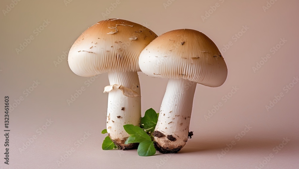 Aufkleber champignon mushrooms with smooth brown caps and white stems positioned together on a soft pastel bac