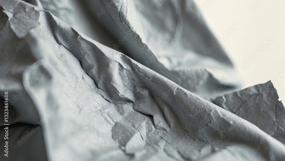 Poster crinkled grey recycled paper texture with soft shadows and light highlights providing ample copy spa