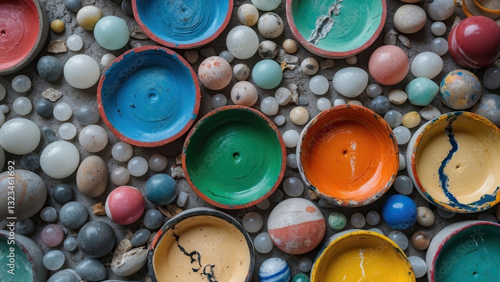 Poster Colorful circular bowls filled with painted patterns surrounded by assorted marbles in various colors, positioned on a textured surface.
