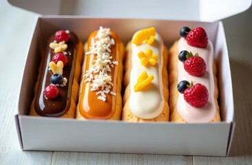 Sweet and delicious eclaires with glazing and berries, coconut powder and dry fruits in the white delivery box. 