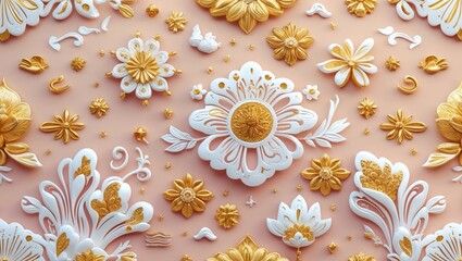 Elegant golden and white floral doodles on a soft pastel background showcasing intricate golden elements in a seamless oriental pattern design.