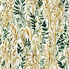 Elegant Botanical Pattern &ndash; Delicate Hand-Painted Watercolor Leaves and Grass on Light Background