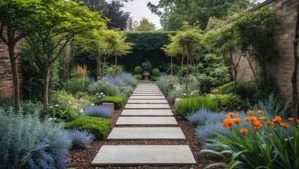 Obraz premium Beautiful garden pathway lined with vibrant orange flowers and lush greenery, featuring symmetrical stone slabs and soft blue foliage on both sides.