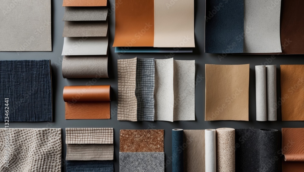 Poster assorted designer textile samples in various textures and colors arranged neatly on a dark surface s