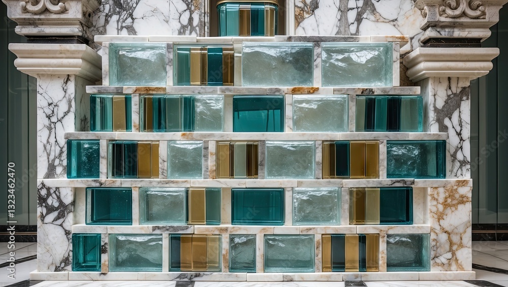 Aufkleber glass brick wall design with alternating teal and amber colors, set against a sophisticated marble b