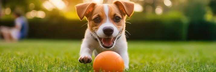 Energetic puppy joyfully chases orange ball in lush green park during golden hour