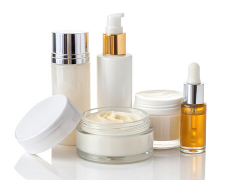 A collection of various skincare products, including creams and oils, presented in stylish containers.
