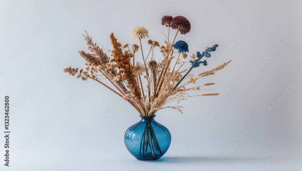 Fototapete dried flowers in a blue vase with textured design positioned centrally against a soft white backgrou