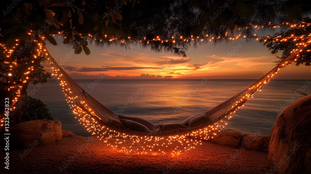 Poster a hammock under glowing string lights with the ocean and a vivid sunset in the background