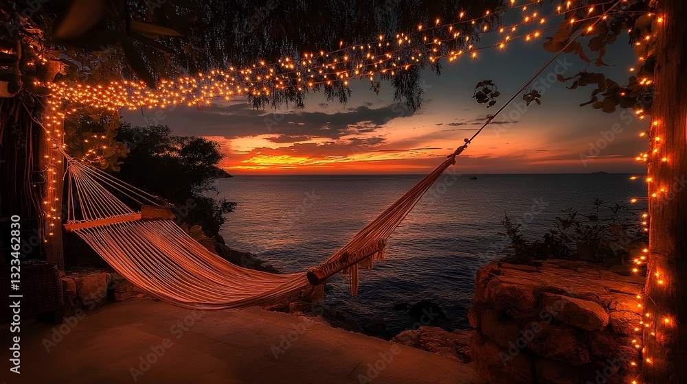Poster a hammock under glowing string lights with the ocean and a vivid sunset in the background
