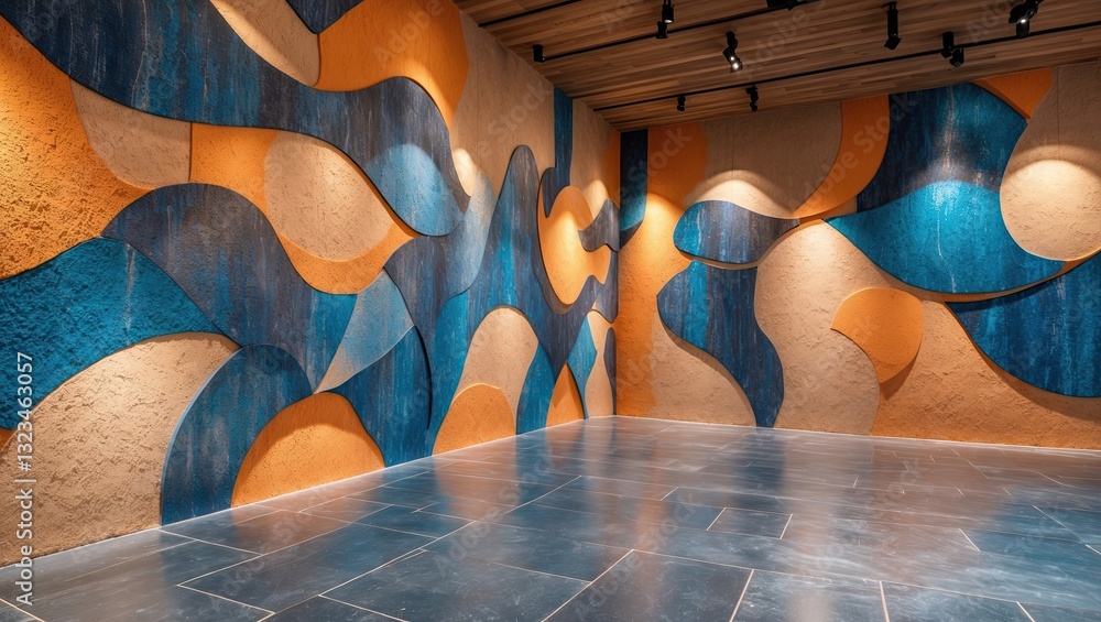 Poster abstract wall design featuring blue and orange wavy patterns with textured surfaces against a modern