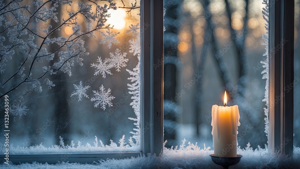 Aufkleber cozy winter scene featuring a frosted window with intricate snowflakes and a glowing candle on a sof
