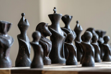 A row of abstract black chess pieces on a wooden board, intricately designed and stylized. Nijmegen, Netherlands