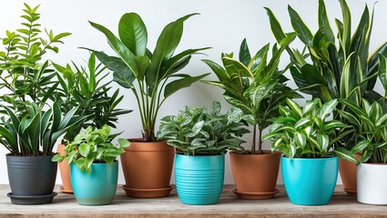 Obraz premium Vibrant potted plants in various colors arranged on a wooden surface against a light grey background, showcasing lush greenery for home decor.
