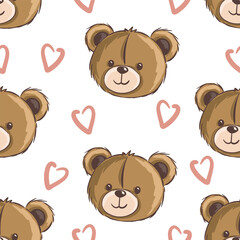 Seamless vector pattern featuring cute bear faces and hearts. Vector illustration