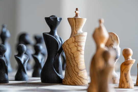 Chess pieces made from wood with unique abstract design on a chessboard. Nijmegen, Netherlands
