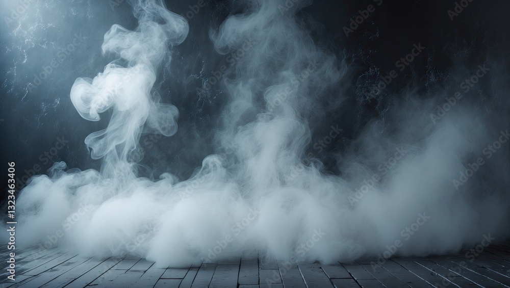 Poster mist rising over a dark wooden floor creating a mysterious atmosphere with soft gray tones and a spo