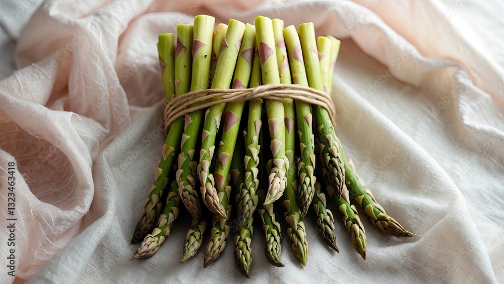 Poster fresh green asparagus bundle tied with twine resting on soft white pastel fabric background, close-u