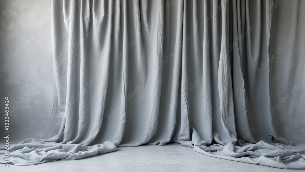 Poster light gray draped canvas backdrop softly cascading onto a floor, ideal for portraits and product pho