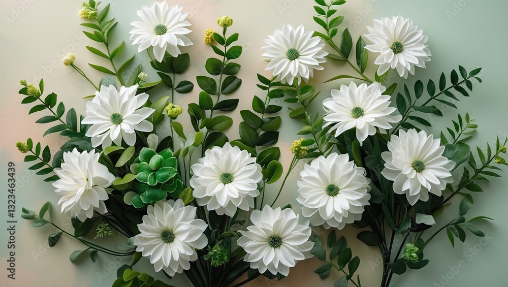 Poster white artificial daisies intertwined with green leaves on a soft pastel background viewed from above