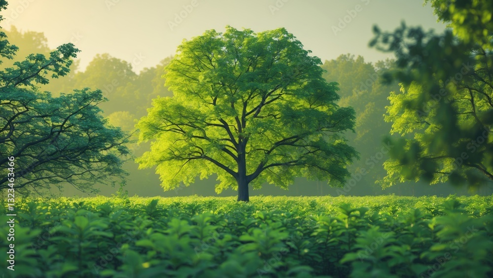 Fototapete lush green tree stands majestically in a vibrant field, illuminated by soft sunlight, with a blurred