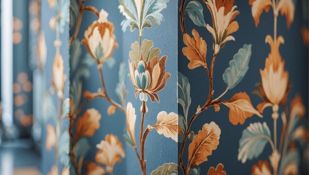 Fototapeta Elegant close-up of vintage floral wallpaper in a contemporary room featuring rich blues and warm earthy tones with lush botanical details.