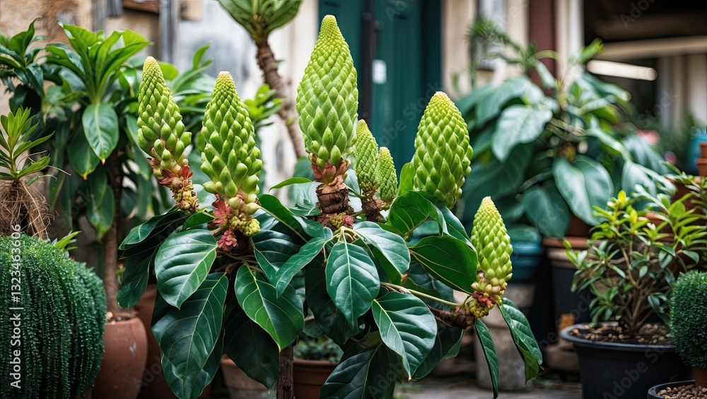 Poster lush green ficus plants with vibrant large leaves and unique cone-shaped buds arranged in various po